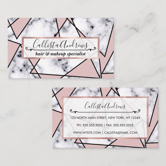 ピンクモダンガーリー白黒大理石幾何学模様 名刺 (正面/裏面)