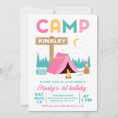 ピンクモダンガールズキャンピングをテーマにした誕生日 招待状 (正面)