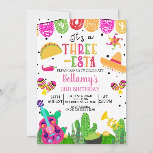 ピンクモダンガールズスリーエスタフィエスタ第3誕生日 招待状 (正面)