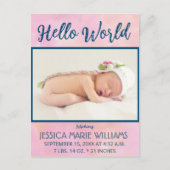 ピンクモダンガールベビー発表写真はがき 案内ポストカード (正面)