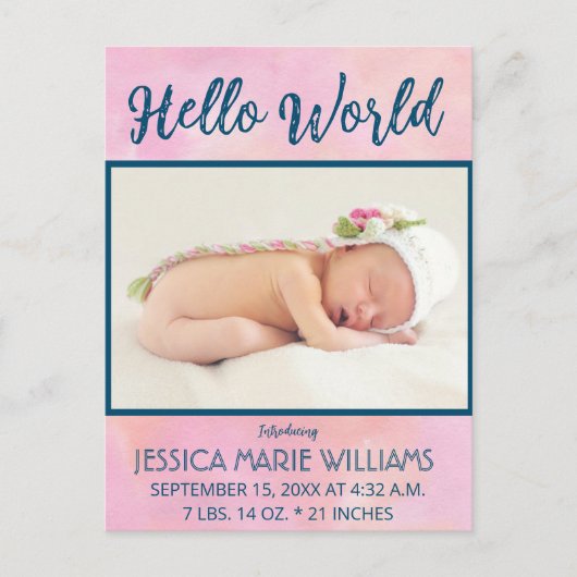 ピンクモダンガールベビー発表写真はがき 案内ポストカード (正面)