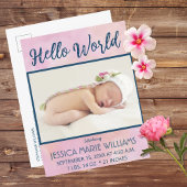 ピンクモダンガールベビー発表写真はがき 案内ポストカード
