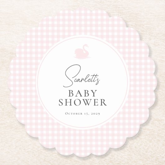 ピンクモダンギンガムスワンベビーシャワーコースター ペーパーコースター (正面)