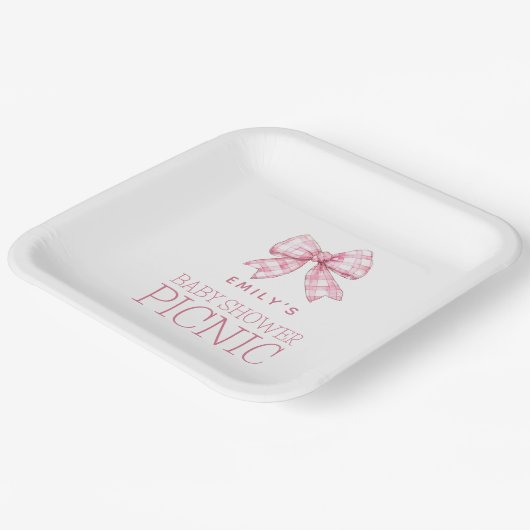 ピンクモダンギンガムボウ名ベビーシャワーピクニック ペーパープレート (傾斜あり)
