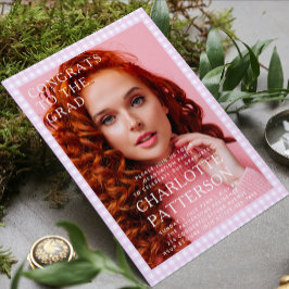 ピンクモダンギンガム写真卒業パーティー 招待状