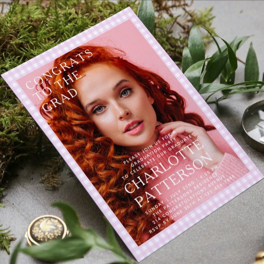 ピンクモダンギンガム写真卒業パーティー 招待状