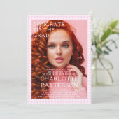 ピンクモダンギンガム写真卒業パーティー 招待状 (スタンド正面)