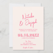 ピンクモダンクお洒落ブライトレトロ写真結婚の 招待状 (正面)