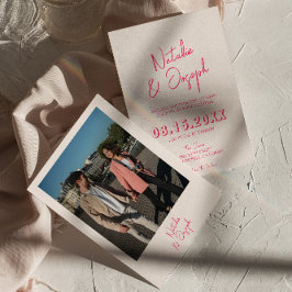 ピンクモダンクお洒落ブライトレトロ写真結婚の 招待状