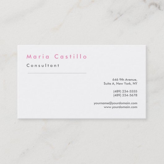 ピンクモダンクエレガントホワイトミニマリスト 名刺 (正面)