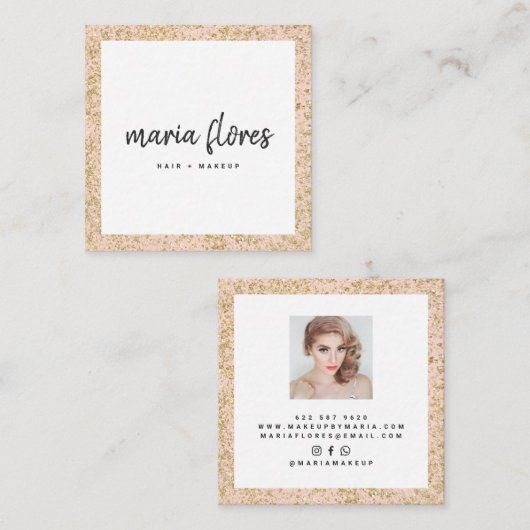 ピンクモダンクガーリーシック金ゴールドグリッタースパークル写真 スクエア名刺 (正面/裏面)