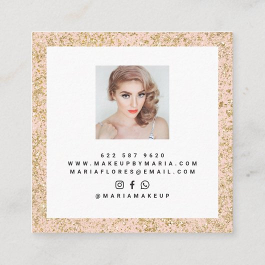 ピンクモダンクガーリーシック金ゴールドグリッタースパークル写真 スクエア名刺 (裏面)