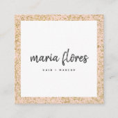 ピンクモダンクガーリーシック金ゴールドグリッタースパークル写真 スクエア名刺 (正面)