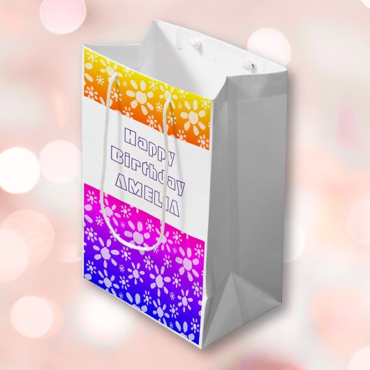 ピンクモダンクガーリー花花柄誕生日 ミディアムペーパーバッグ