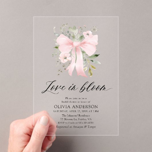 ピンクモダンクボウフローララブ開花ブライダルシャワー アクリル招待状 (インサイチュ (ポータブル))