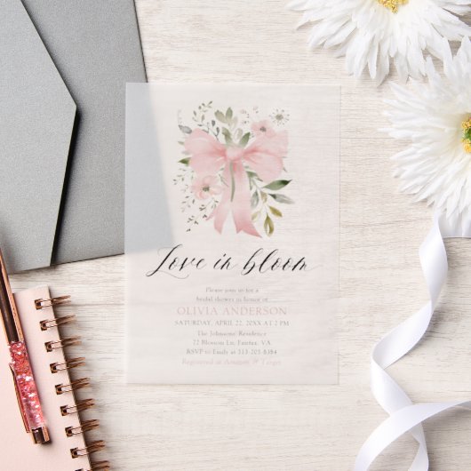 ピンクモダンクボウフローララブ開花ブライダルシャワー ベラム紙招待状 (ウェディング)