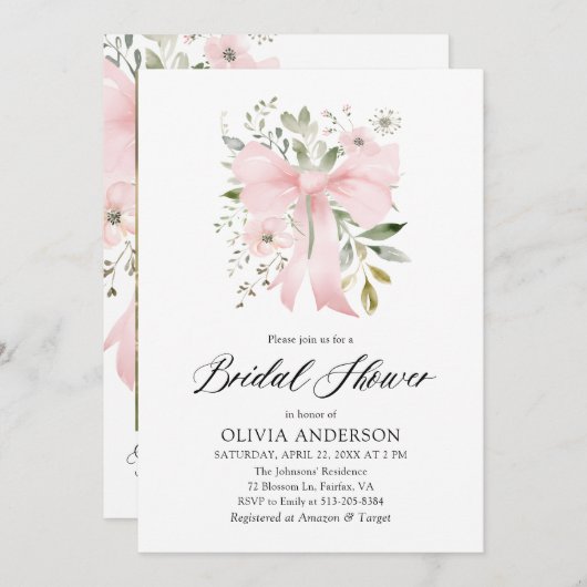 ピンクモダンクボウフローララブ開花ブライダルシャワー 招待状 (正面/裏面)