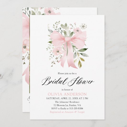 ピンクモダンクボウフローララブ開花ブライダルシャワー 招待状 (正面/裏面)