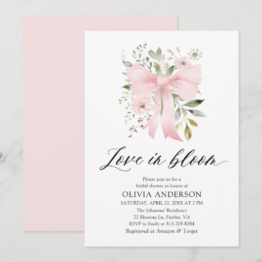 ピンクモダンクボウフローララブ開花ブライダルシャワー 招待状 (正面/裏面)