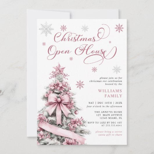ピンクモダンクリスマスツリーオープンハウスパーティー 招待状 (正面)