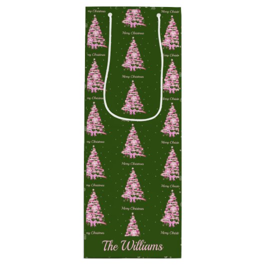 ピンクモダンクリスマスツリー名前をカスタムするグリーン ワインギフトバッグ (正面)