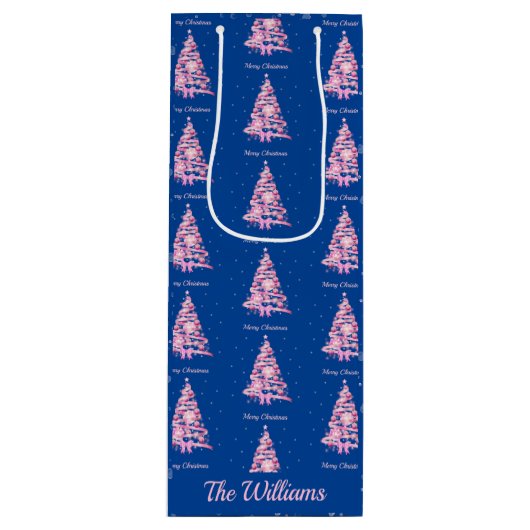 ピンクモダンクリスマスツリー名前をカスタムするブルー ワインギフトバッグ (正面)