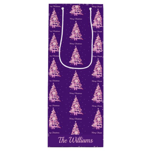 ピンクモダンクリスマスツリー名前をカスタムする紫 ワインギフトバッグ (正面)
