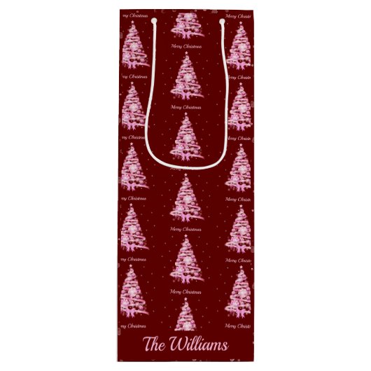 ピンクモダンクリスマスツリー名前をカスタムする赤 ワインギフトバッグ (正面)