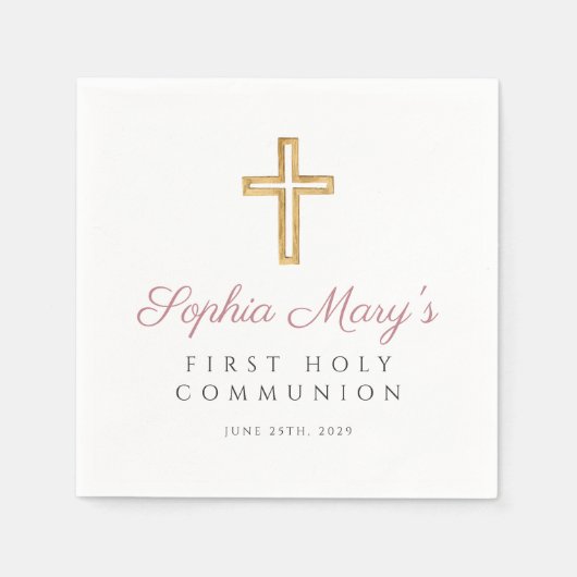 ピンクモダンクロスガールファースト聖餐式 スタンダードカクテルナプキン (正面)