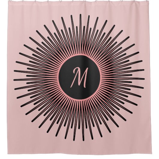 ピンクモダンク黒エレガントモノグラムの シャワーカーテン (正面)