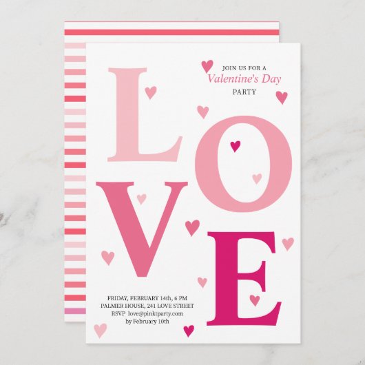 ピンクモダングラデーションクLOVEハートバレンタインデーパーティー 招待状 (正面/裏面)