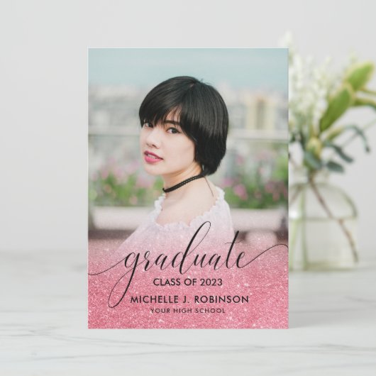 ピンクモダングリッターグラデーション写真ガーリー卒業 案内状 (スタンド正面)