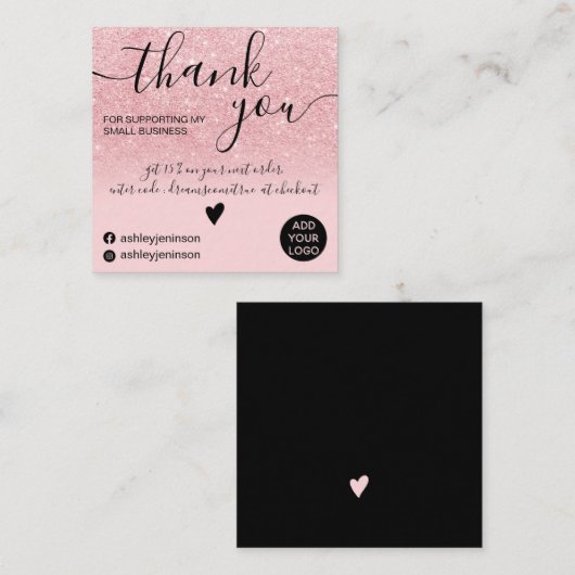 ピンクモダングリッタースパークルシッ感謝していク注文 スクエア名刺 (正面/裏面)