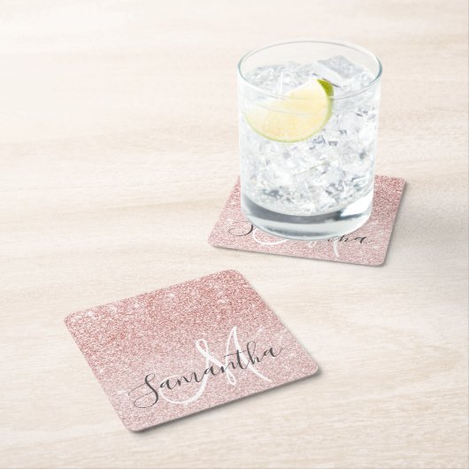 ピンクモダングリッタースパークルパーソナライズされたの名前 スクエアペーパーコースター (インサイチュ)