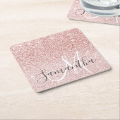 ピンクモダングリッタースパークルパーソナライズされたの名前 スクエアペーパーコースター (アングル)