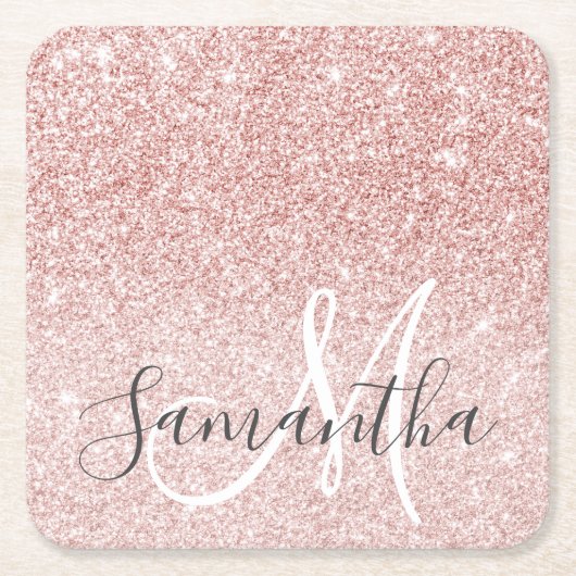 ピンクモダングリッタースパークルパーソナライズされたの名前 スクエアペーパーコースター (正面)
