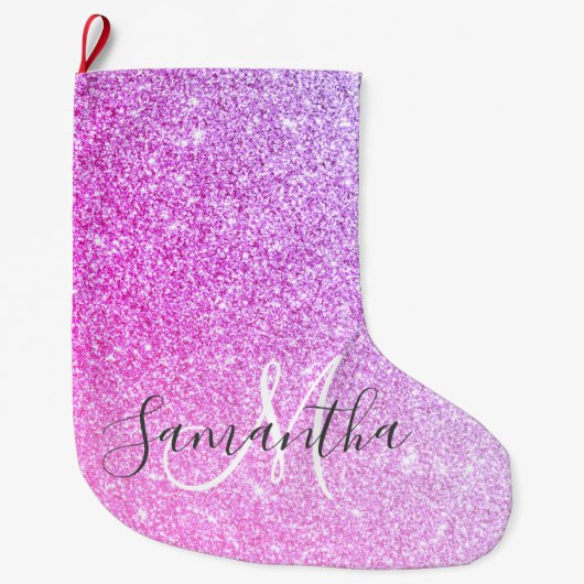 ピンクモダングリッタースパークルパーソナライズされたの名前 ラージクリスマスストッキング (正面)