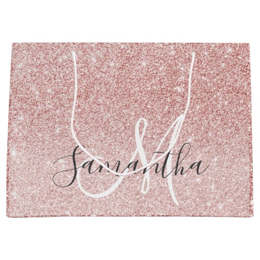 ピンクモダングリッタースパークルパーソナライズされたの名前 ラージペーパーバッグ (正面)