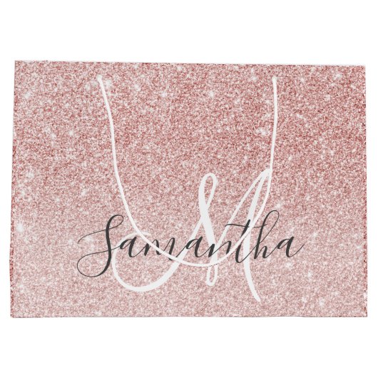 ピンクモダングリッタースパークルパーソナライズされたの名前 ラージペーパーバッグ (裏面)