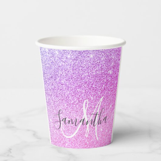 ピンクモダングリッタースパークルパーソナライズされたの名前 紙コップ (裏面)