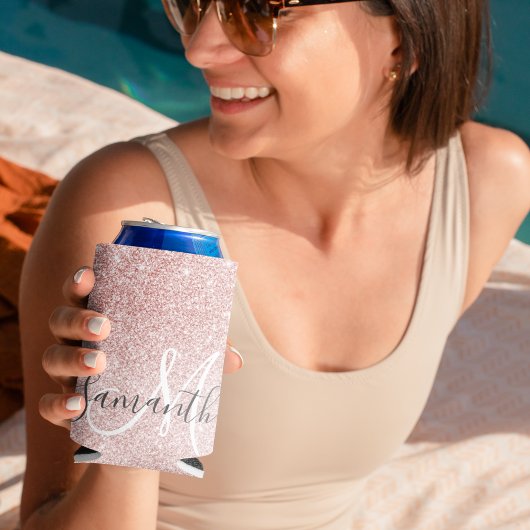 ピンクモダングリッタースパークルパーソナライズされたの名前 缶クーラー