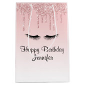 ピンクモダングリッタードリップ&まつげ誕生日 ミディアムペーパーバッグ (正面)