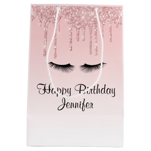 ピンクモダングリッタードリップ&まつげ誕生日 ミディアムペーパーバッグ (裏面)