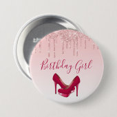 ピンクモダングリッタードリップ&ハイヒール誕生日 缶バッジ (正面&裏面)