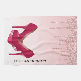 ピンクモダングリッタードリップ&ハイヒール キッチンタオル