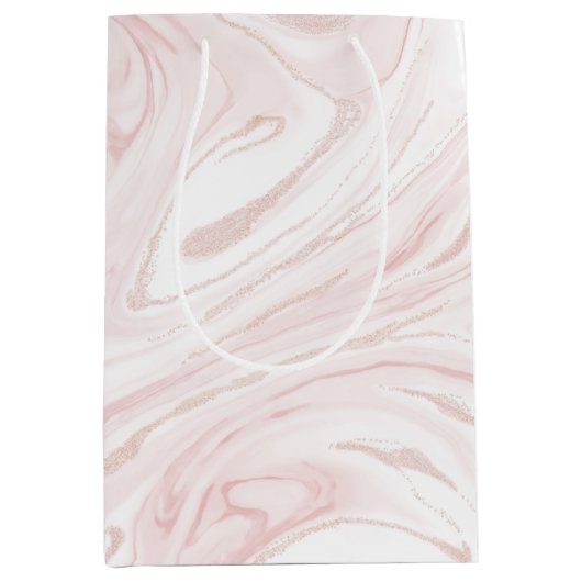 ピンクモダングリッター大理石 ミディアムペーパーバッグ (正面)