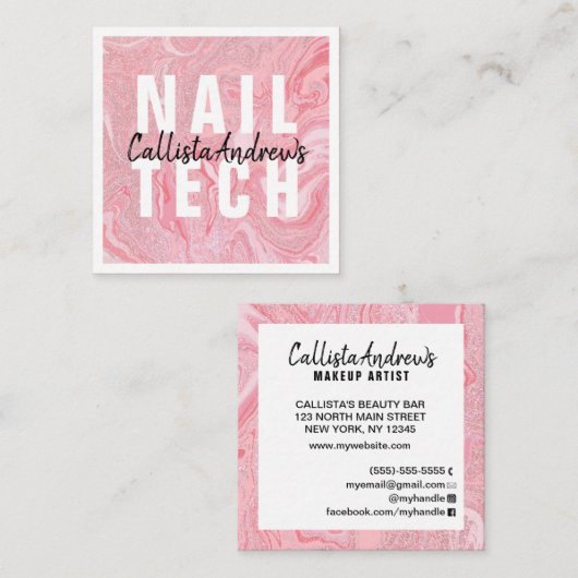 ピンクモダングリッター液体大理石爪、 ネイル技術 スクエア名刺 (正面/裏面)