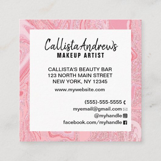 ピンクモダングリッター液体大理石爪、 ネイル技術 スクエア名刺 (裏面)