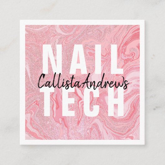 ピンクモダングリッター液体大理石爪、 ネイル技術 スクエア名刺 (正面)