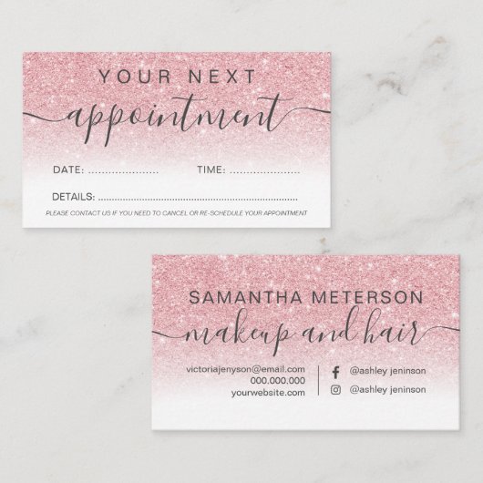 ピンクモダングリッター白グラデーションプロフェッショナル 予約カード (正面/裏面)